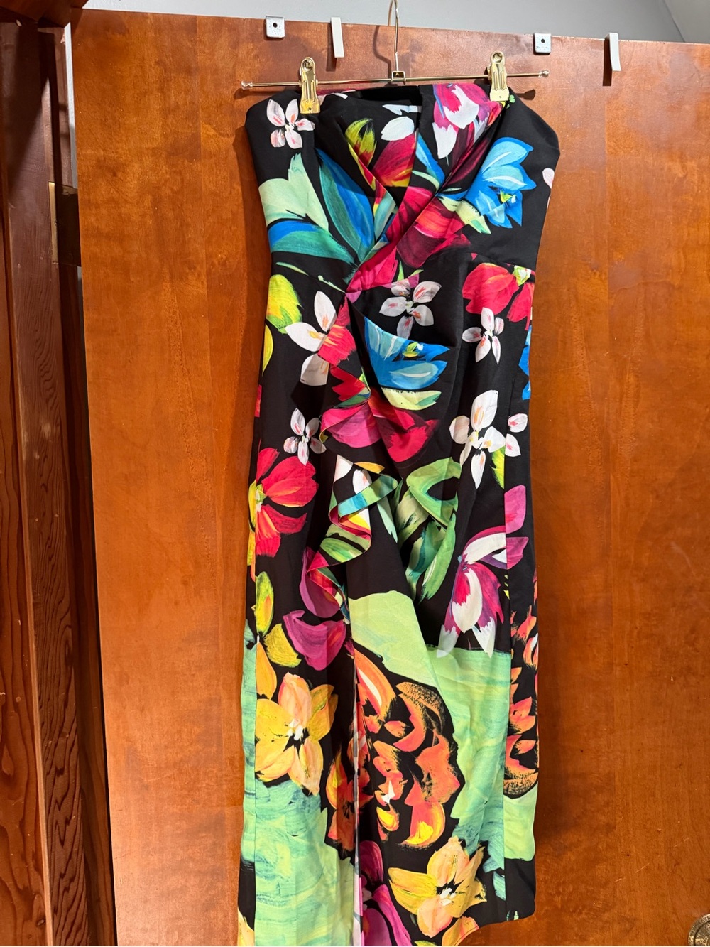 Strapless Floral Ruffle Maxi Dress - Black with Multicolor Floral